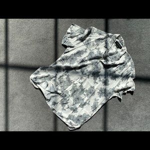 White and Navy Hibiscus Short Sleeve Button Down